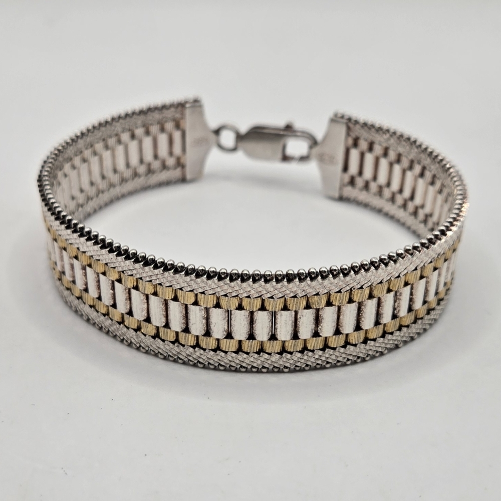 Intricate Vintage Solid Sterling Silver and Gold Tone Woven Bracelet